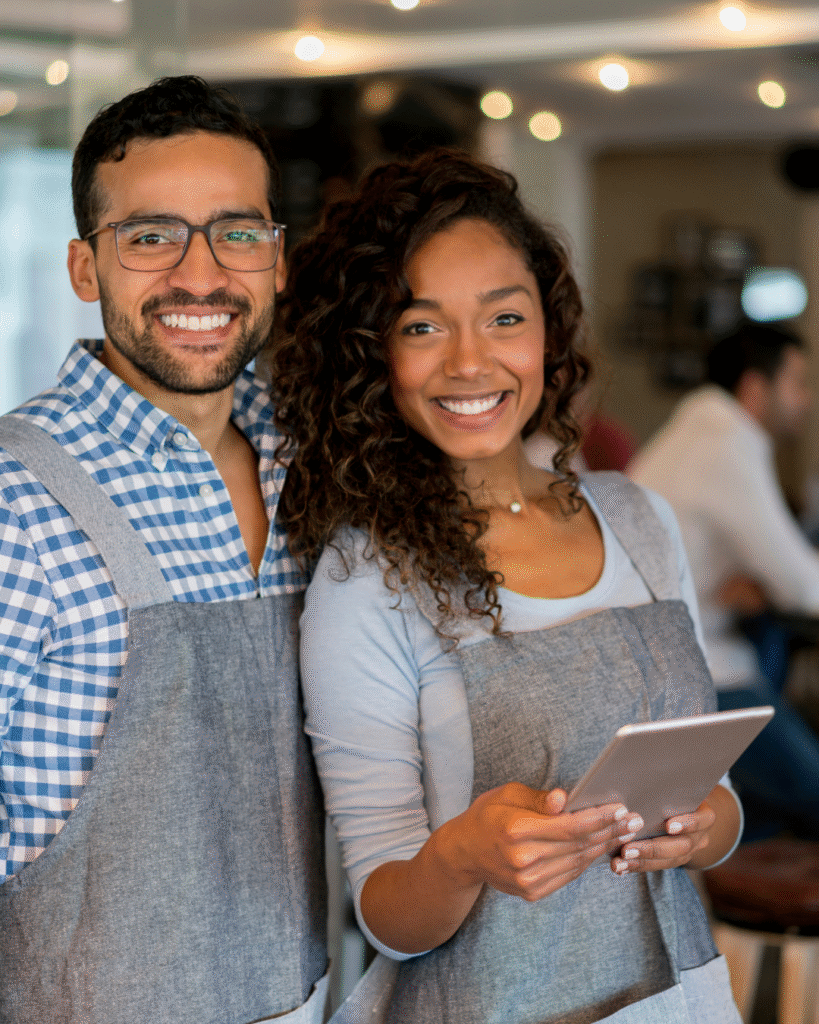 Smiling café staff with digital tablet.