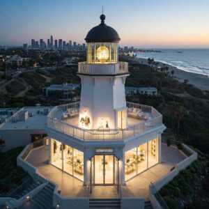 Lighthouse with cityscape and ocean at dusk.