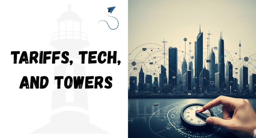 Tariffs, tech, towers, compass, cityscape.