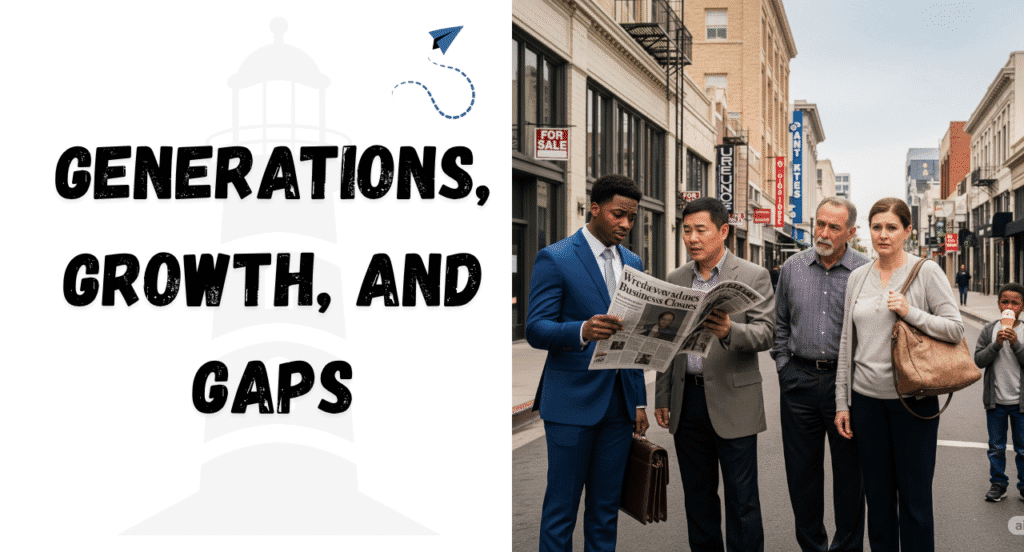 Group of people reading news on street.