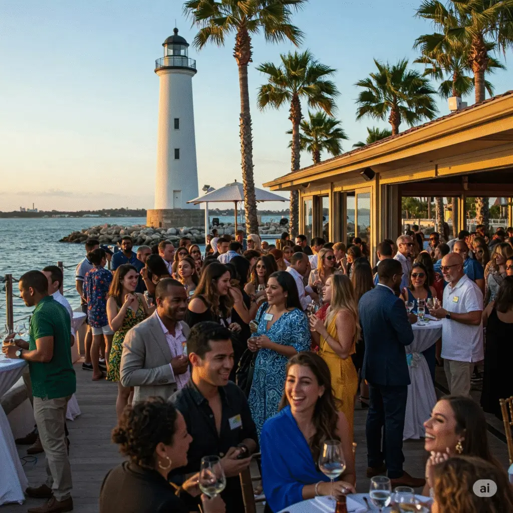 Outdoor party by lighthouse and ocean.